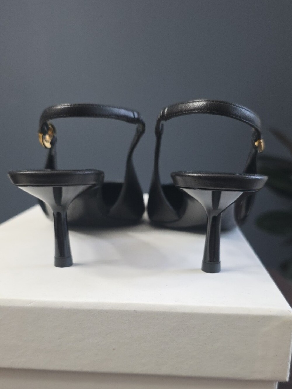 Saint Laurent Black Leather Pointed Slingback Pumps with Gold Accents - Picture 3 of 16
